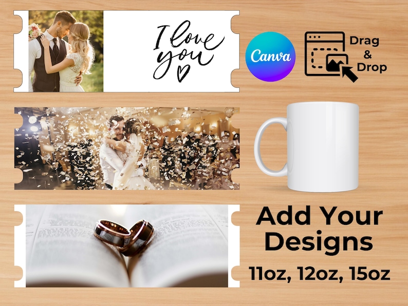 Op de afbeelding: Een witte keramische mok met een handvat, met een ontwerp van een bruidspaar omringd door confetti. De mok is 11oz, 12oz of 15oz. De tekst "Voeg uw ontwerpen toe" wordt onder de mok weergegeven.