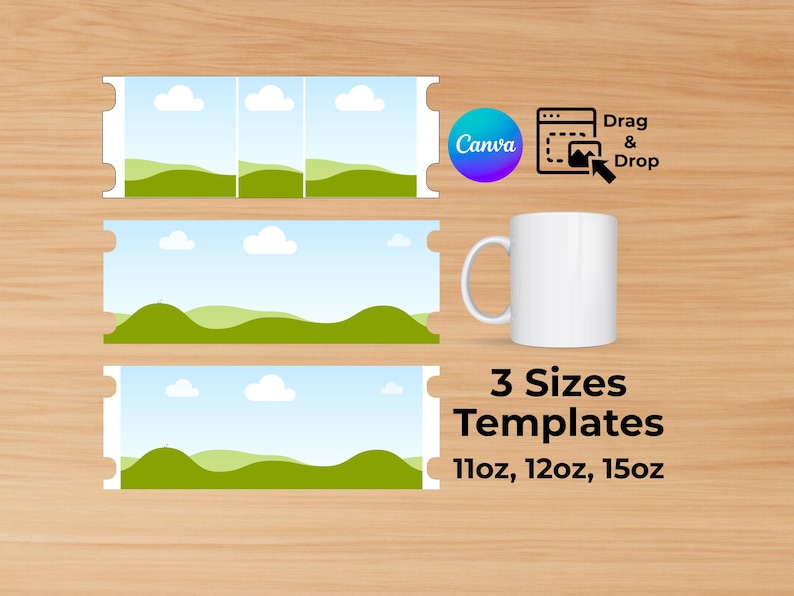 Op de afbeelding: Drie mok sjablonen met een landschapsontwerp met een blauwe lucht, witte wolken en groene heuvels. De sjablonen zijn verkrijgbaar in drie maten: 11 oz, 12 oz en 15 oz.