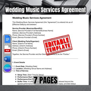 May include: Editable template for a wedding music services agreement. The template includes sections for service provider and client information, event details, and performance times. The document is available in PDF and Word formats.