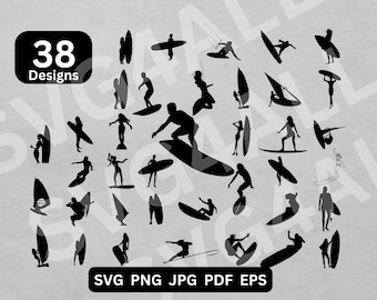 Svg de surfista, paquete de Svg de surfista, surf, clipart de surfista, archivos de corte de surfista, Cricut de surfista, silueta de surfista, ilustración de surfista, vector de surf