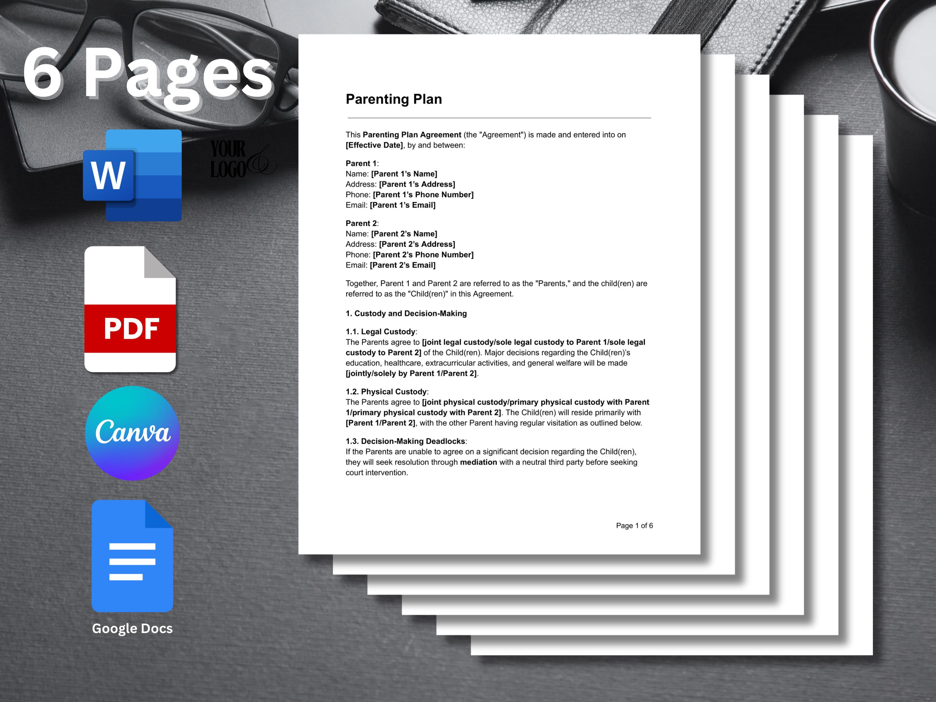 Parenting Plan Template | Custody Agreement | Editable Co-parenting ...