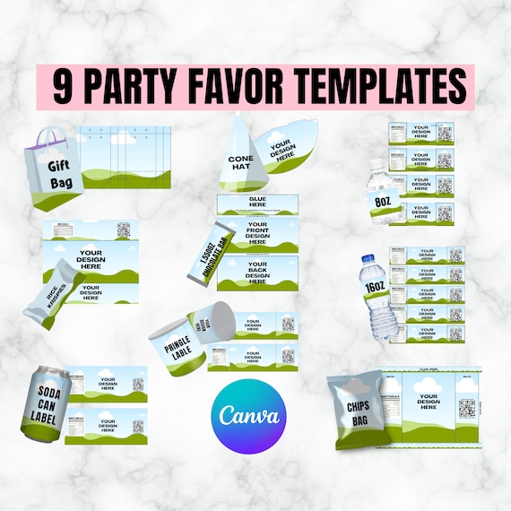 9 Party Favors Canva Template Bundle, Chip Bag Template, Chocolate Bar Wrapper Template, Canva Editable