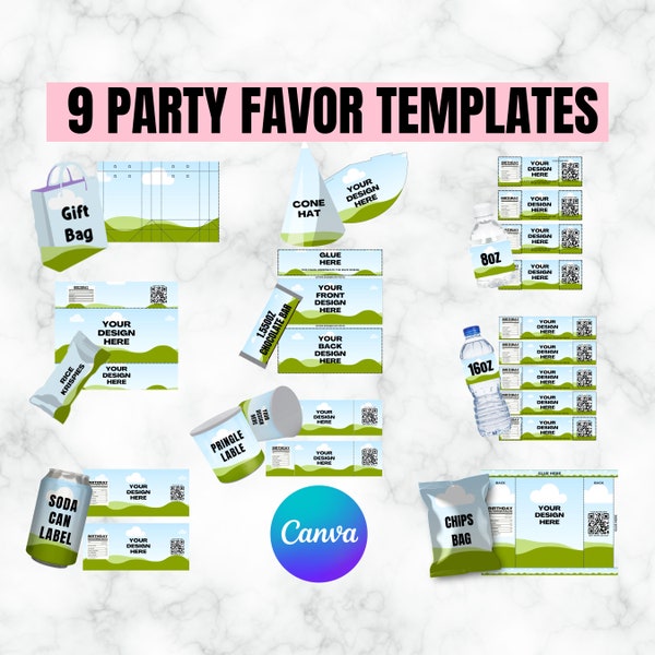 9 Party Favors Canva Template Bundle, Chip Bag Template, Chocolate Bar Wrapper Template, Canva Editable