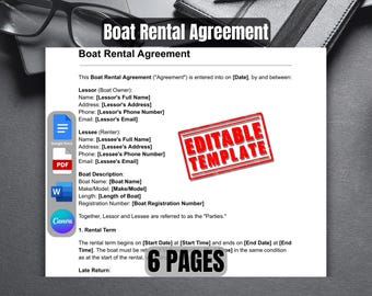 Boat Rental Agreement Template | Boat Lease Template | Boat Rental Contract with Waiver of Liability