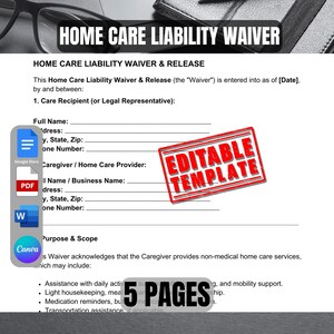 Può includere: Un documento stampabile in bianco e nero intitolato "Home Care Liability Waiver & Release". Il documento è un modulo legale per i servizi di assistenza domiciliare. Il documento è un modello modificabile e include una sezione per le informazioni del beneficiario dell'assistenza e del caregiver. Il documento è composto da 5 pagine.