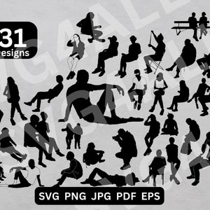 May include: A set of 31 black silhouette designs of people sitting in various poses. The designs are perfect for creating custom projects, such as t-shirts, mugs, and phone cases.