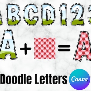 May include: Doodle letters in a variety of colors and patterns, including a blue sky with clouds, green grass, and red hearts. The letters are outlined in black and have a stitched look. The letters spell out "A + A = A" and the text "Doodle Letters Canva" is at the bottom of the image.