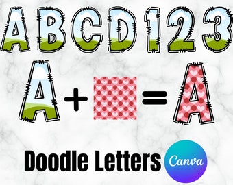 CANVA Doodle Letters and Numbers with Commercial Use Allowed, Fillable Handrawn Doodles, Add Your Own Image to the Canva