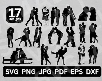 Può includere: Un set di 17 disegni di silhouette in bianco e nero che mostrano coppie in varie pose romantiche. I disegni sono perfetti per creare artigianato personalizzato, inviti o decorazioni.