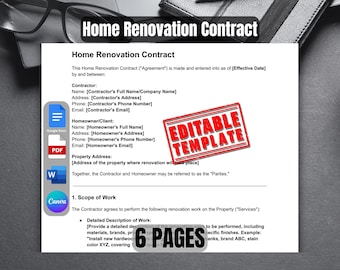 Home Renovation Contract Template | Contractor Agreement for Remodeling and Construction Projects | Home Repair Contract Sample