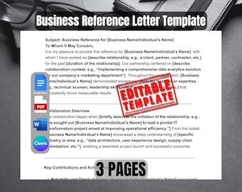May include: A business reference letter template with a red editable template stamp. The template is for providing a reference for a business or individual. The template includes sections for subject, to whom it may concern, collaboration overview, key contributions and achievements, and 3 pages.