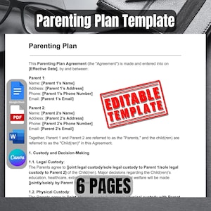 Elternplan Vorlage | Aufbewahrungsvertrag | Bearbeitbare Co-Elternschaftsvereinbarung | Elternvereinbarung Vorlage Canva