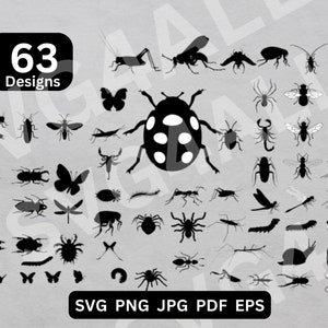 May include: A black and white image of 63 insect and bug silhouettes. The image includes a ladybug, butterfly, spider, ant, and many more. The text "63 Designs" is at the top of the image.