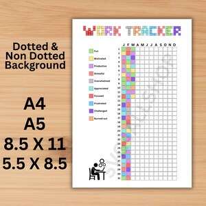 Könnte beinhalten: Ein weißes Arbeits-Tracker-Diagramm mit dem Titel "WORK TRACKER" in bunten, pixeligen Buchstaben. Das Diagramm enthält eine Legende mit farbcodierten emotionalen Zuständen und ein Raster zur Verfolgung täglicher Gefühle. Größen: A4, A5, 21,6 x 27,9 cm und 14 x 21,6 cm.