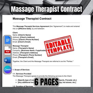 Massage Therapist Contract Template | Massage Therapist Services Agreement Template | Editable Contract for Massage Therapy