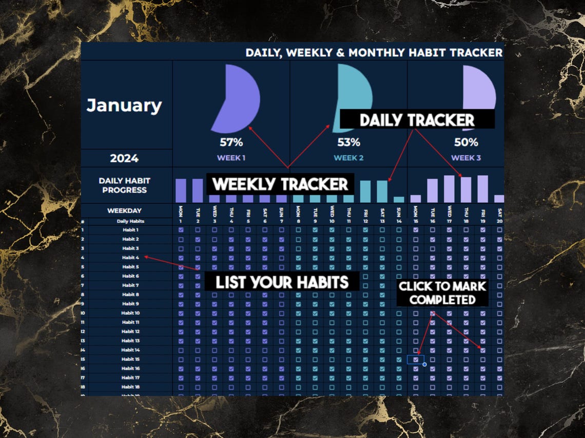 Google Sheets Habit Tracker Template | Dark Mode Daily, Weekly, Monthly ...
