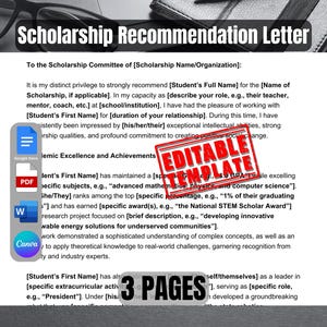 Modelo de carta de recomendación para becas / Referencia profesional editable para solicitudes de estudiantes / Modelo de carta para becas