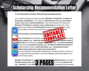 Scholarship Recommendation Letter Template | Editable Professional Reference for Student Applications | Letter Template for Scholarship