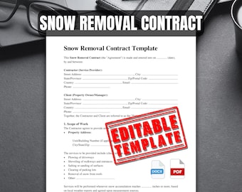 Snow Removal Contract Template Download Word Doc | Printable Service Agreement Template | Editable Legal Agreement | Contract Form