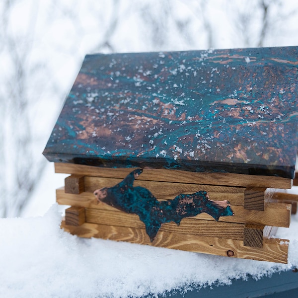 Upper Peninsula Wooden Bird House Handmade Copper Patina Rustic Repurposed