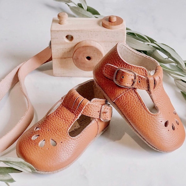 Baby Shoes Leather T-bars - Tan