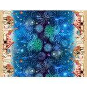 May include: A blue fabric with a repeating pattern of fireworks and stars. The fireworks are in shades of blue, green, and white.