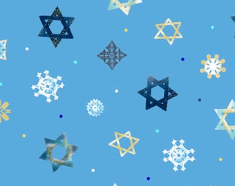 May include: A seamless pattern on a light blue background featuring various shapes of stars and snowflake-like designs in shades of blue, gold, and white. The design includes scattered dots in blue, white, and gold.