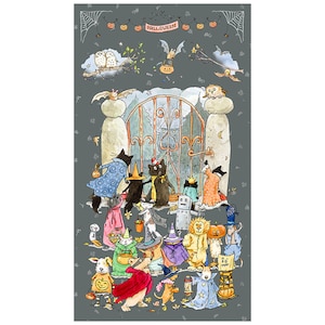 Könnte beinhalten: Eine Aquarellillustration einer Gruppe von Katzen und anderen Tieren, die sich für Halloween verkleidet haben. Sie stehen vor einem Tor mit dem Wort "Halloween" darüber. Die Tiere lächeln alle und halten Süßigkeitentüten.