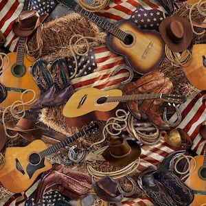 May include: A collage of Americana items including guitars, cowboy boots, hats, rope, and horseshoes. The items are arranged on a background of the American flag and hay. The color palette is dominated by browns, reds, and blues.