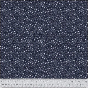 May include: A navy blue fabric with a white floral pattern. The pattern is a repeating design of small white flowers and vines.