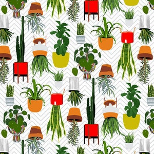 May include: A seamless pattern featuring a variety of potted plants in various colors and styles. The plants are arranged in a repeating pattern on a white background with a chevron design.