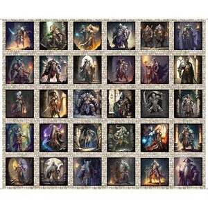 May include: A collage of 25 illustrations featuring fantasy characters in various poses and settings. The characters are depicted in a medieval style, with intricate details and vibrant colors.