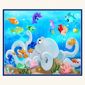 May include: A cartoon illustration of an octopus with eight tentacles surrounded by colorful fish, seahorses, and coral in a blue ocean setting.
