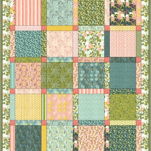 May include: A patchwork quilt with a floral and geometric pattern. The quilt features squares of various colors and patterns, including stripes, florals, and abstract designs. The border is a floral print with a green background. The quilt is a mix of pink, green, yellow, and blue.