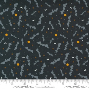 May include: Dark grey fabric featuring a repeating pattern of grey bats, orange stars, yellow moons, and white crescent moons. The fabric has a Halloween theme and is suitable for various craft projects.