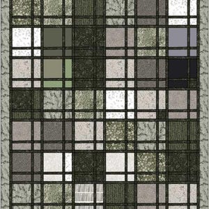 May include: A patchwork quilt with a grid design. The quilt features squares in shades of green, gray, and white, with floral and textured patterns. Dark brown lines create the grid, and a patterned border frames the quilt.
