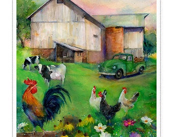 May include: A watercolor painting of a farm scene with a white barn, a green truck, cows, chickens, and a rooster. The barn has a red silo and a green roof. The truck is parked in front of the barn. The cows are grazing in the field. The chickens are pecking at the ground. The rooster is standing on a log.
