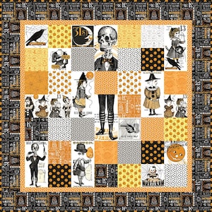 May include: A Halloween-themed quilt featuring a patchwork design with various spooky illustrations. The quilt showcases images of skulls, witches, crows, and pumpkins in orange, black, gray, and white. The border includes text that says "October 31".