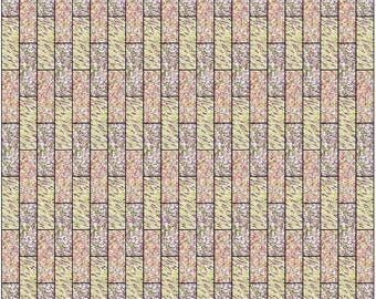 May include: A patterned tile floor with a repeating pattern of light yellow and pink rectangular tiles. The tiles are arranged in a staggered pattern, creating a visual rhythm.