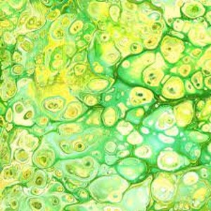 May include: Abstract painting with swirling green and yellow colors. The colors are blended together to create a marbled effect.