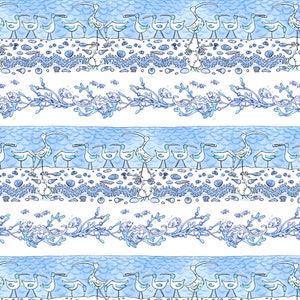 May include: A seamless pattern featuring a repeating design of blue and white stylized birds, seaweed, and seashells. The birds are standing on a sandy beach with waves in the background.