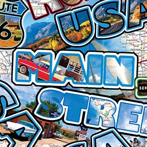 Puede incluir: Un collage de imágenes coloridas con las palabras "Main Street" y "USA" en letras grandes y en negrita. Las imágenes incluyen un coche rojo, una señal de carretera y un mapa de los Estados Unidos.