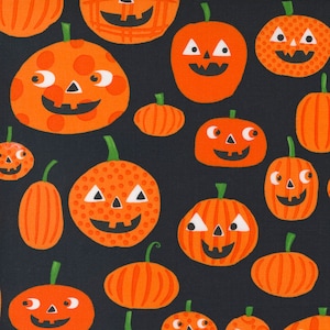 Katoenen stof Halloweenpompoen, zwart en oranje, op maat gesneden