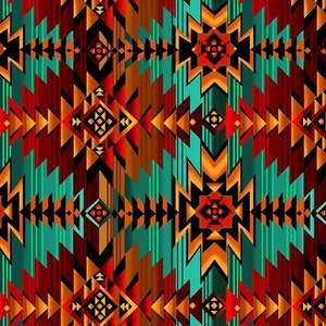 Könnte beinhalten: Ein sich wiederholendes Muster aus geometrischen Formen in Rot-, Orange-, Türkis- und Schwarztönen. Das Muster erinnert an indianische Designs.