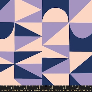 May include: Abstract geometric pattern fabric in shades of pink, purple, and blue. The fabric features a repeating pattern of triangles, squares, and circles.
