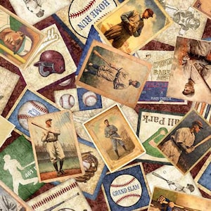 Könnte beinhalten: Eine Collage aus Vintage-Baseballkarten mit Bildern von Spielern, Schlägern und Baseballs. Die Karten haben einen abgenutzten, verwitterten Look und zeigen Texte wie "Home Run", "Grand Slam" und "Hill Park".