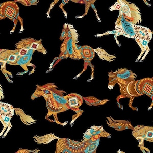 May include: A repeating pattern of horses in various poses against a black background. The horses are decorated with colorful geometric and feather designs in shades of brown, teal, orange, and gold. The overall theme is a Native American or Southwestern style.