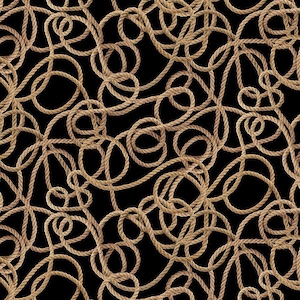 May include: A seamless pattern featuring intertwined tan ropes against a solid black background. The ropes are arranged in a chaotic, yet visually appealing, design, creating a textured effect. This nautical-themed pattern is suitable for various design applications.