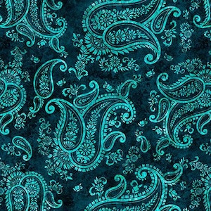May include: A seamless pattern featuring teal paisley designs on a dark teal background. The paisley elements are detailed with floral and scrollwork patterns, creating a textured, vintage aesthetic. The design is suitable for fabric or wallpaper.