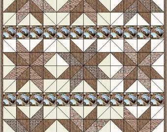 May include: A quilt pattern with a repeating design of brown and white stars. The stars are made up of smaller triangles and squares. The quilt is made of a brown and white fabric with a subtle pattern.